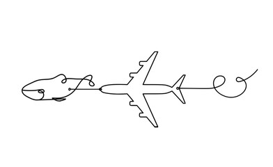 Silhouette of fish and plane as line drawing on white background