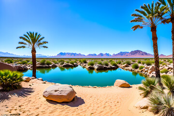 Paesaggio desertico. Oasi con palme, acqua, montagne e rocce