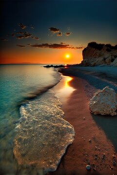 Colorful mediterranean beach sunrise with deep blue sky and sunbeams - Generative AI image