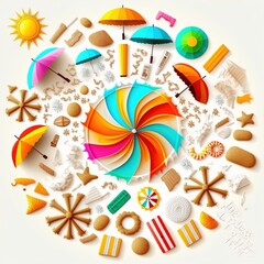 Set of Beach toys, kinetic sand, educational games and activities with children in the open air Knolling - Generative AI