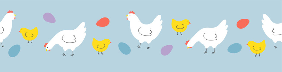Seamless border with hens, chickens and eggs on blue background. Template for Easter decor, invitation, cards.