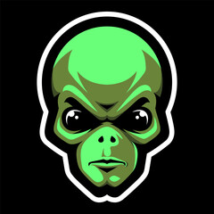 Alien head icon. Green humanoid. Ufo. Sport mascot. T-shirt print.