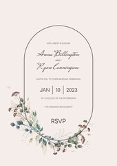 Wedding invitation with text framed with flowers, foliage and dried flowers. Vector template