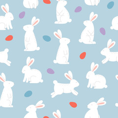 Seamless pattern with cute rabbits and eggs on blue background. Template for Easter decor, invitation, cards.
