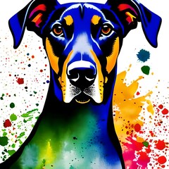 Doberman in water color, splatter paint, dripping paint, colorful, generative ai