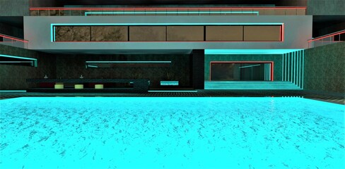 Luminous healing water in the turquoise swimming pool in the yard of the high level spa hotel. Night view of the glowing porch. 3d rendering.