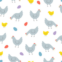 Seamless pattern with hens, chickens and eggs. Background for Easter, decor, invitation, cards.