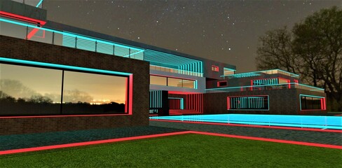 Awesome illumination design of the contemporary upscale real estate for families with high level income. Turquoise swimming pool and well-groomed territory under the night starry sky. 3d rendering.