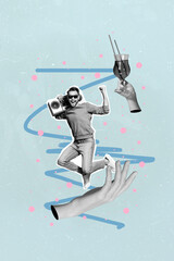 Vertical collage of black white gamma arm hold cocktail glass mini positive guy jumping carry boombox raise fist isolated on painted background