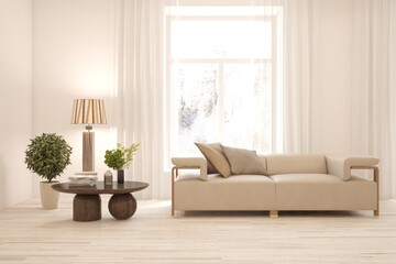 Modern living room in white color with sofa. Scandinavian interior design. 3D illustration