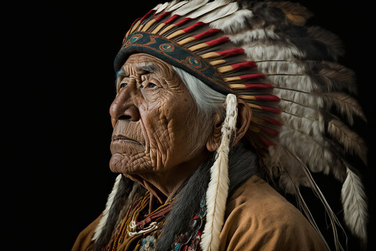 Portrait of old male native american on dark background,generative ai.