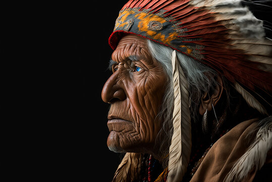 Portrait of old male native american on dark background,generative ai.