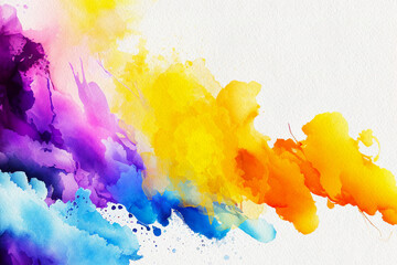 Abstract multicolor rainbow watercolor textured white background. Multicolor splash of paint and smoke with splatter