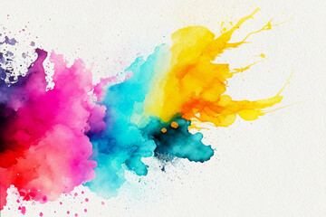 Abstract multicolor rainbow watercolor textured white background. Multicolor splash of paint and smoke with splatter