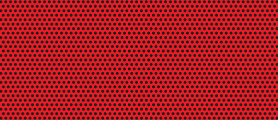 Black polka dot pattern on red background. Straight dot pattern for backdrop and wallpaper template. Simple classic polka dot lines with repeat stripes texture. Polka background, vector illustration © Marinko