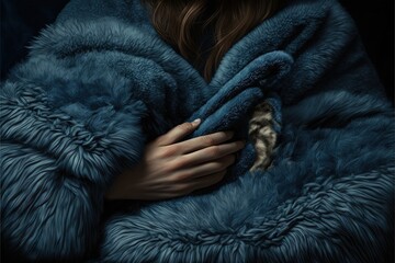  a painting of a woman wrapped in a blue fur coat with her hands on her chest and her hand on the fur of her coat.  generative ai