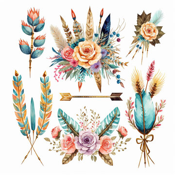 Watercolor boho style, flowers set of illustrations - arrows with vibrant colorful flower bouquets for wedding or invitation. Generative ai