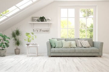 Naklejka premium White living room with sofa and summer landscape in window. Scandinavian interior design. 3D illustration