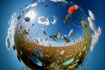 Bunte Frühlingsblumen und Schmetterlinge im Freien in einer Glaskugel. Frühlingsmotiv mit blauem Himmel, weißen Wolken und Sonnenschein - 567103775