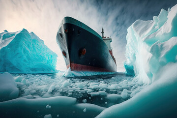 Cargo ship sailing between icebergs, Generative AI illustration