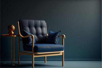 Modern wooden blue fabric living room armchair on empty dark blue wall background.