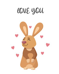 Cartoon happy rabbit. February 14. Loving rabbit. St. Valentine's Day. Greeting card. 