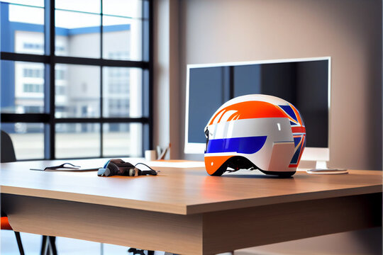 Red racing helmet with France flag for motorbike scooters, sports and touring car driver in modern white office.