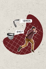 Vertical collage image of big black white effect talking mouth chasing running person say mad...