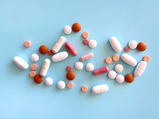 Tablets different colors and shapes of pills, capsules isolated on light blue background.
