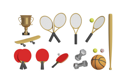 Baseball bat, rackets and tennis ball, table tennis rackets, basketball mea, dumbbells, goblet, skateboard. Realistic in the style of a children's cartoon.