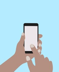 hand holding smartphone isolated on light blue background.
