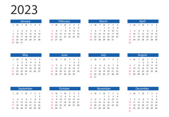 Calendar 2023 year. Vector illustration. The week starts on Sunday. Vector illustration.