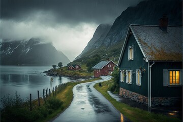 Fototapeta na wymiar Beautiful Norway villages, Best place Norway. Generated by AI. 