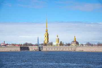 Spring day at the walls of the Peter and Paul Fortress. Saint-Petersburg. Russia