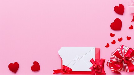 Fondo de San Valentín con sobre, tarjeta de papel y corazones rojos para un mensaje de amor romántico, IA Generativa