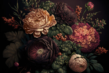 Fototapeta na wymiar Roses on a black background. Abstract floral design for prints, postcards or wallpaper. AI 