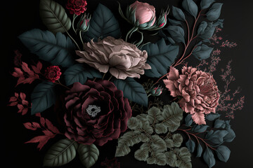 Roses on a black background. Abstract floral design for prints, postcards or wallpaper. AI
