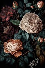 Fototapeta na wymiar Roses on a black background. Abstract floral design for prints, postcards or wallpaper. AI