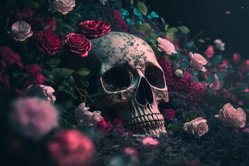 Skull and roses on a black background. AI

