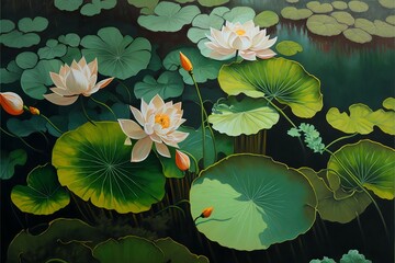 beautiful painting showing lotus leaves in pond 