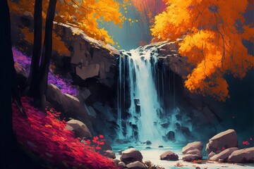 The most beautiful waterfall with colorful stones in autumn forest ,digital painting