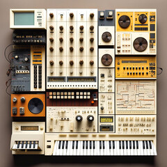 Electronic music gears & synthesizer knolling - generative ai - obrazy, fototapety, plakaty