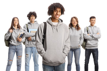 Group of male and female students in matching clothes