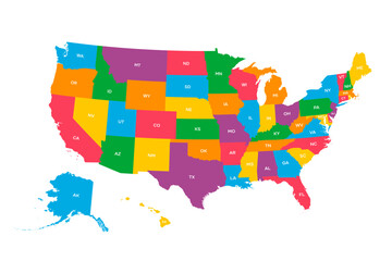 USA map with geographical state borders and state abbreviations. United States of America map. Colorful US map design with state abbreviations. Vector - obrazy, fototapety, plakaty