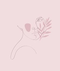 Minimalistic vector portrait of a girl with a twig on a light pink separate background. 