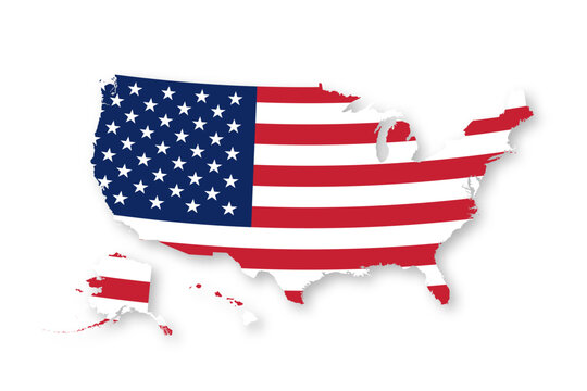 National USA flag in geographical map shape. United States of America flag and map. US flag design. Vector