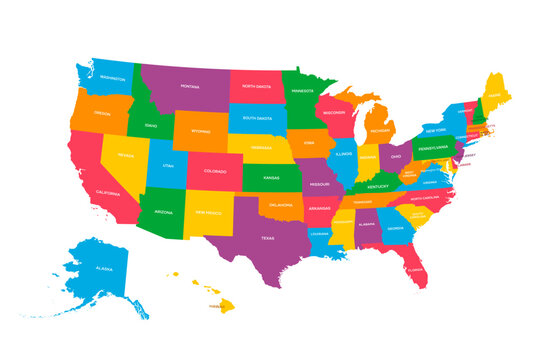 USA map with geographical state borders and state names. United States of America map. Colorful US map design with state names for infographic. Vector