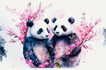 Panda couple and pink flowers on a white background