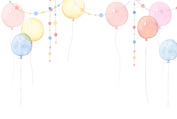 Balloons and Garlands, Pink, Yellow, Beige. Watercolor Illustration