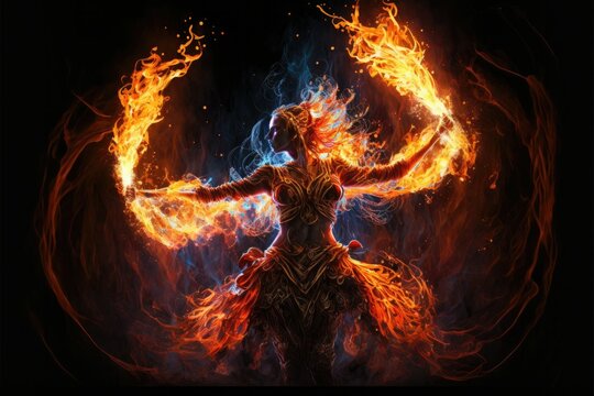 Woman with fire dance. Generative AI